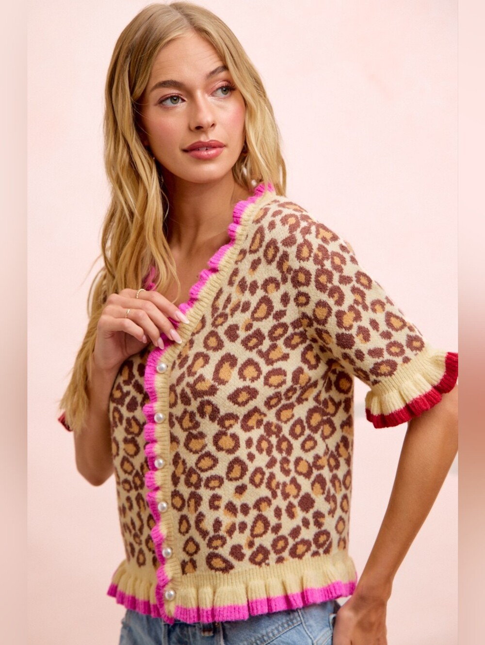 BiBi Leopard Patterned Ruffled Detail Button Cardigan- Fast Shipping!! - Picture 6 of 12